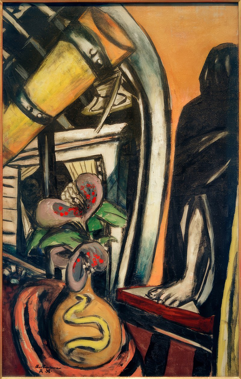 Studio (noc). Martwa natura z teleskopem i zasłoniętą postacią autorstwa Max Beckmann