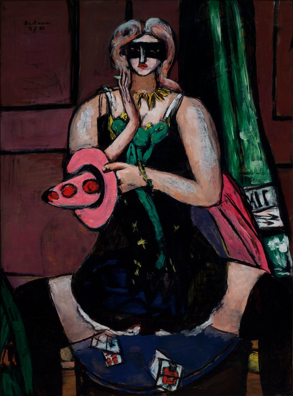 Karnawałowa maska, zielona, fioletowa i różowa (Kolumbina) autorstwa Max Beckmann