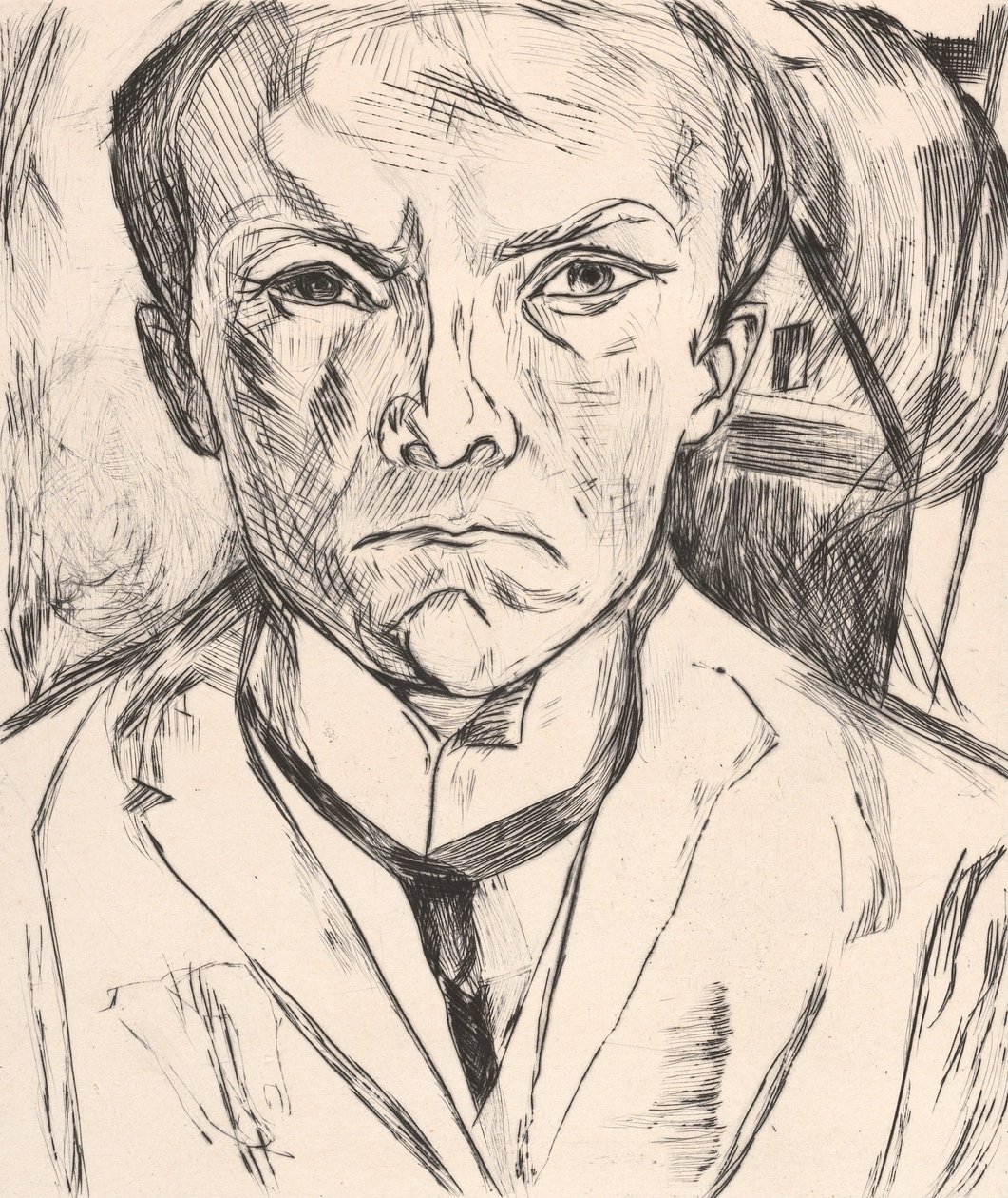 Autoportret frontalny z szczytem domu w tle autorstwa Max Beckmann