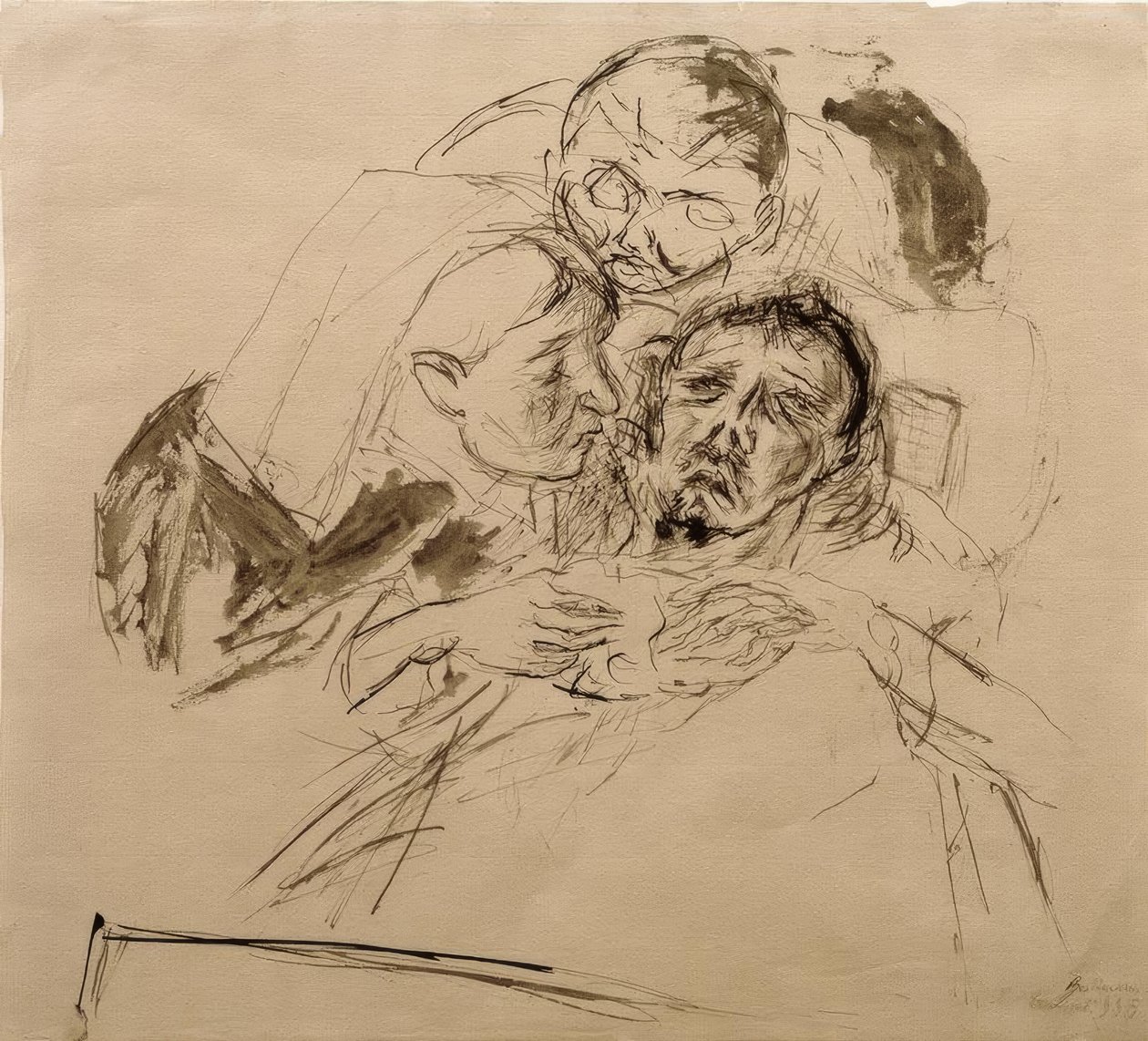 Pielęgniarka i postać męska pochylona nad chorym człowiekiem autorstwa Max Beckmann