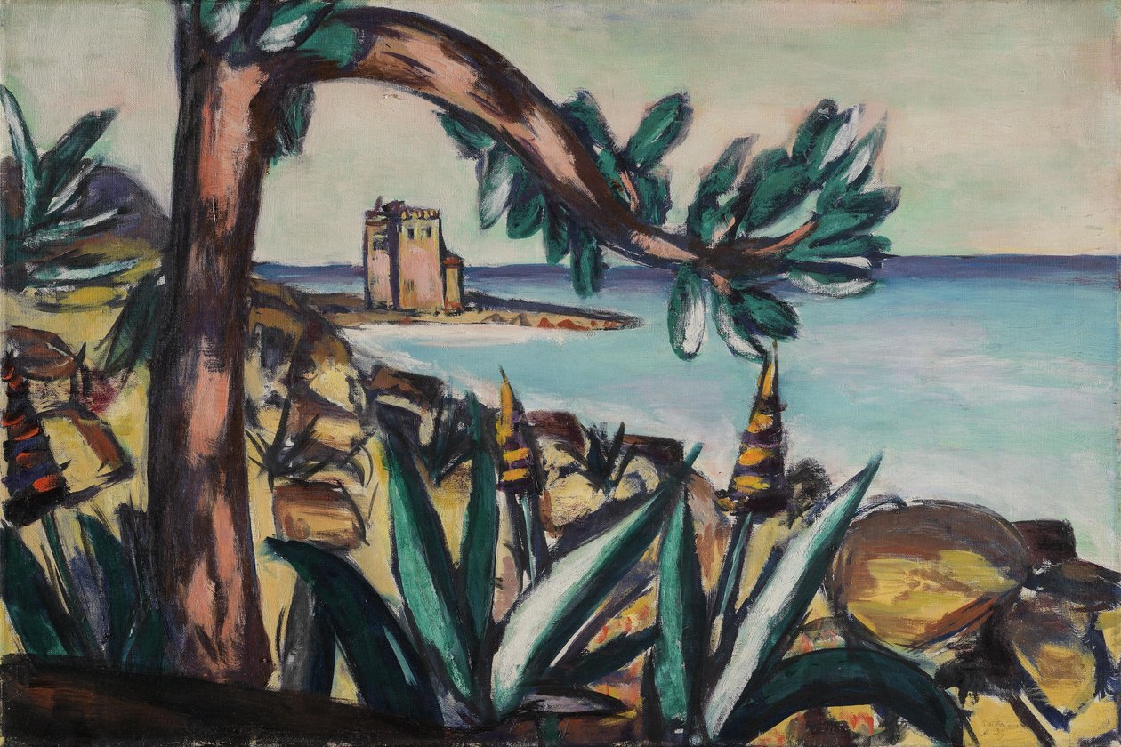 Krajobraz nadmorski z agawami i starym zamkiem autorstwa Max Beckmann