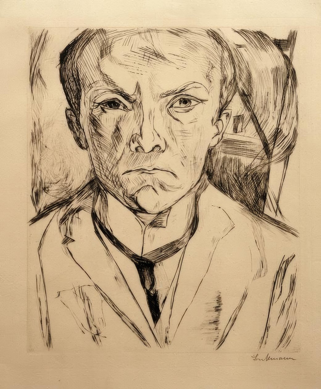 Autoportret od frontu, w tle szczyt domu autorstwa Max Beckmann