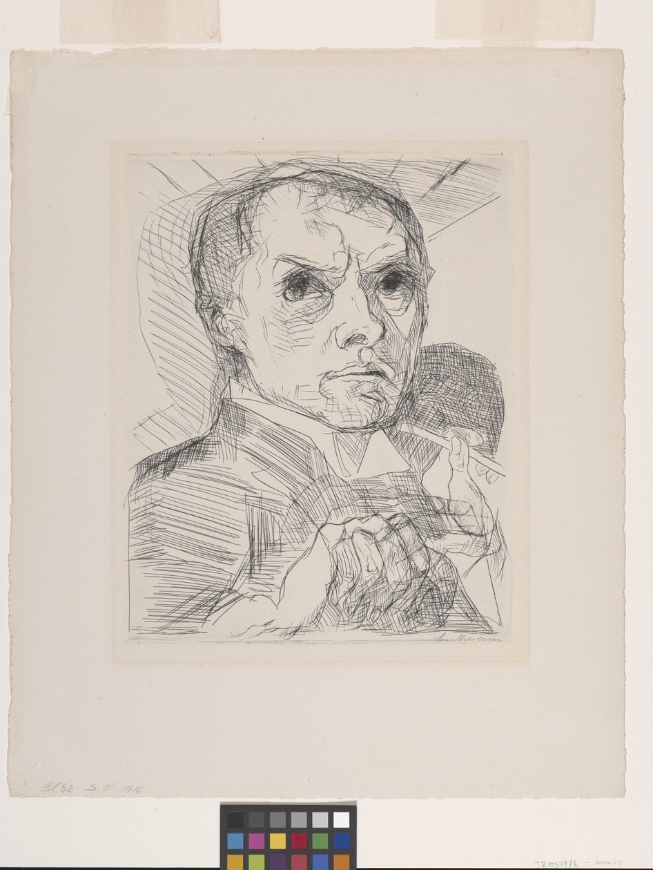 Autoportret rysikiem (suchą igłą na złamanym papierze czerpanym) autorstwa Max Beckmann