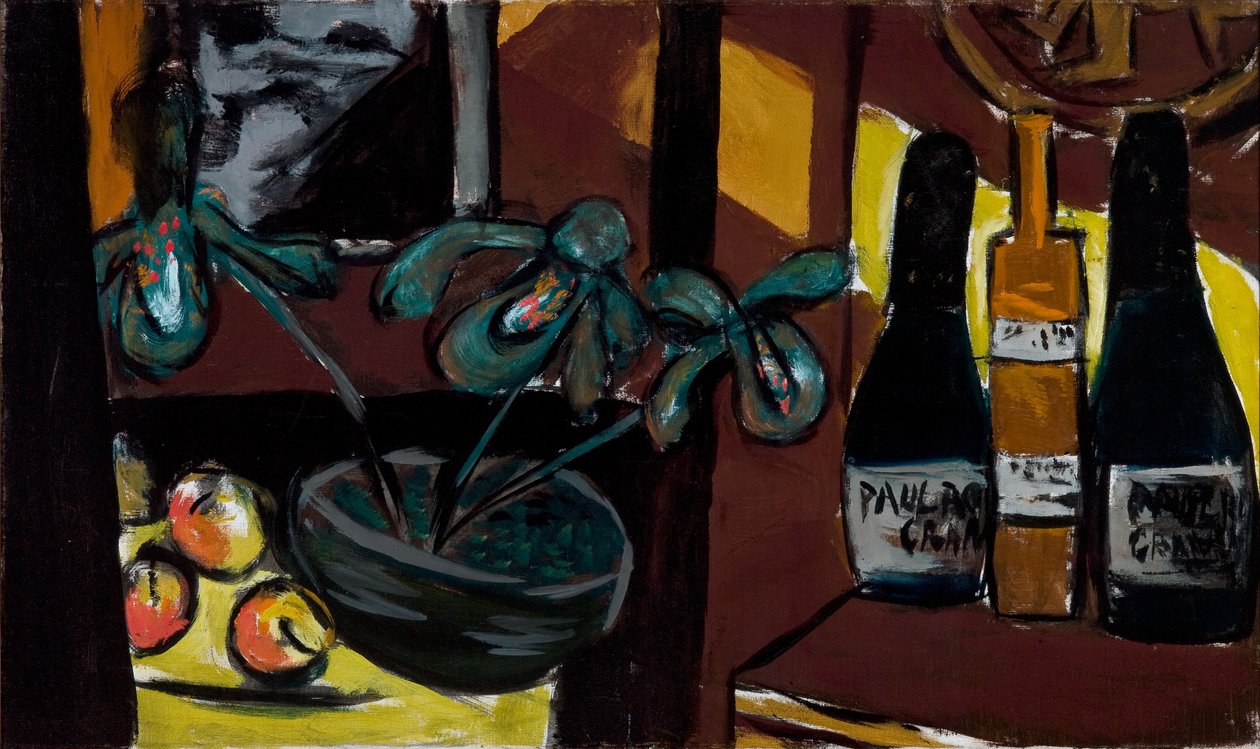 Martwa natura na brązowo i żółto (butelki szampana i orchidee) autorstwa Max Beckmann