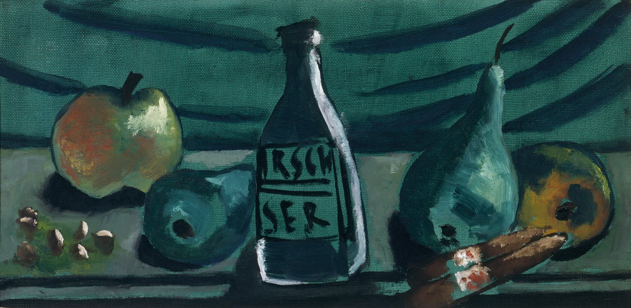 Martwa natura z jabłkiem i gruszką (Martwa natura z butelką brandy wiśniowej) autorstwa Max Beckmann