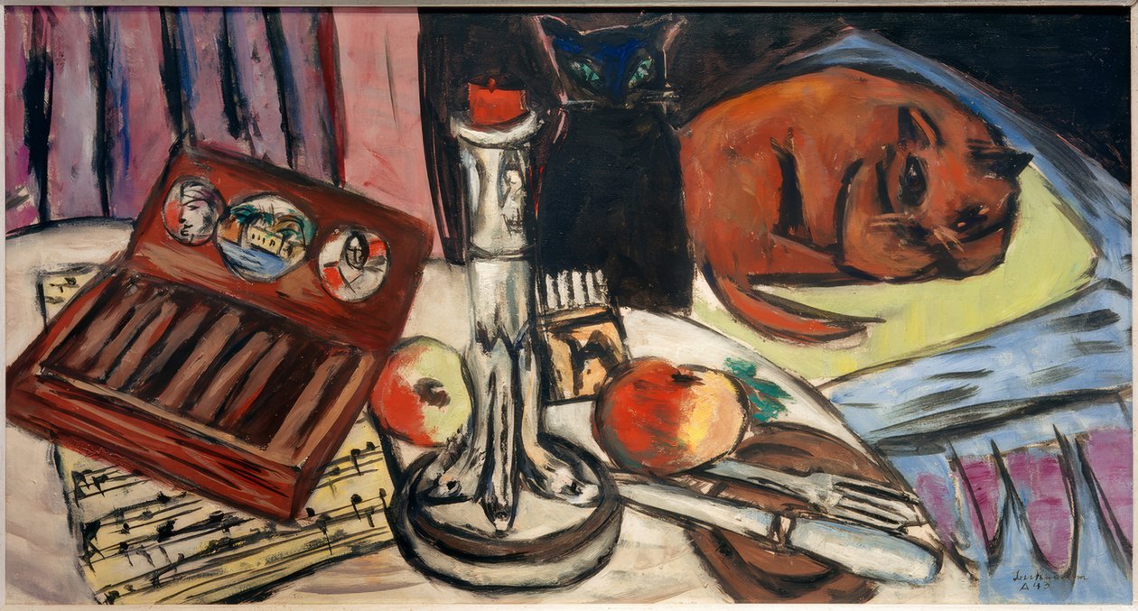 Martwa natura ze srebrnym świecznikiem (martwa natura z kotami) autorstwa Max Beckmann