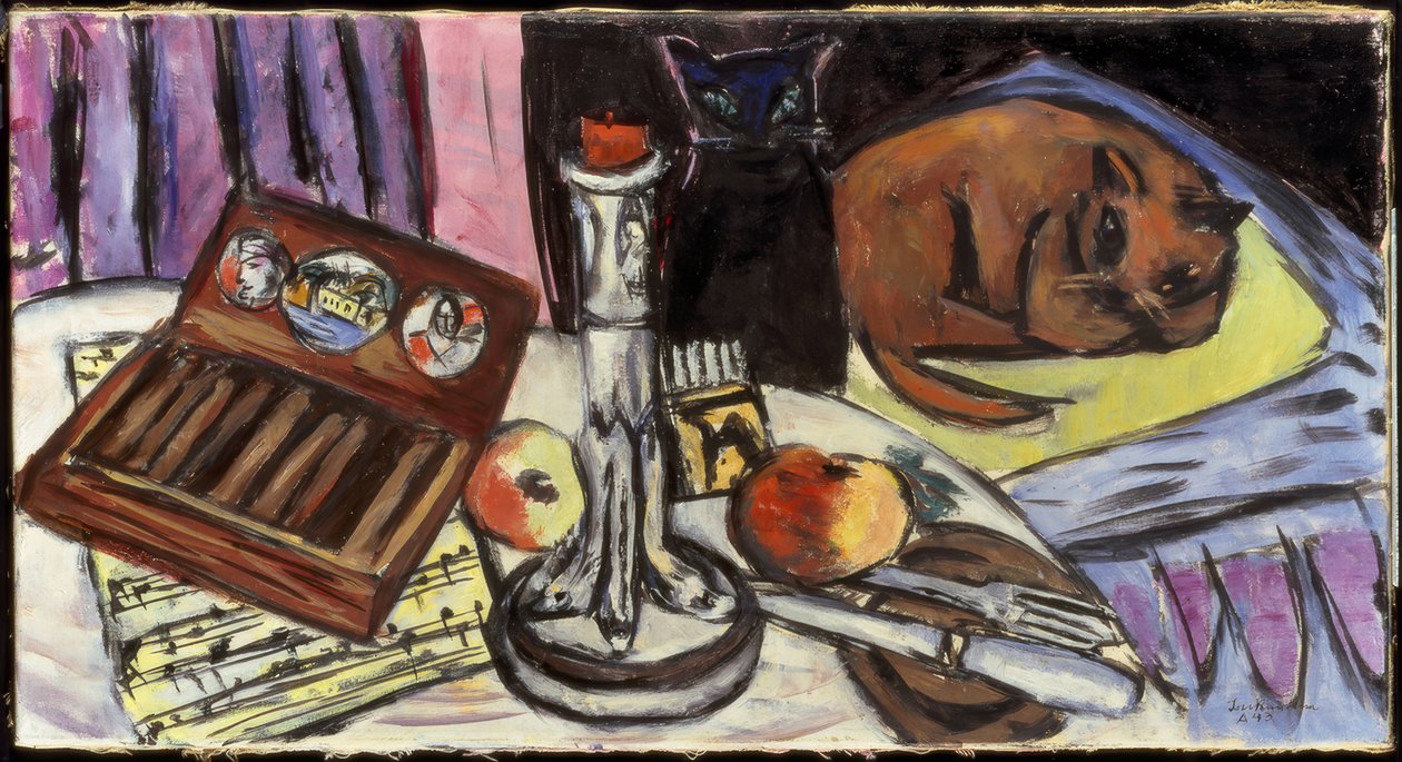 Martwa natura z srebrnym świecznikiem (Martwa natura z kotami) autorstwa Max Beckmann