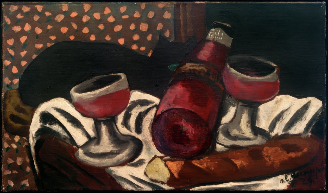 Martwa natura z kieliszkami do wina i kotem autorstwa Max Beckmann