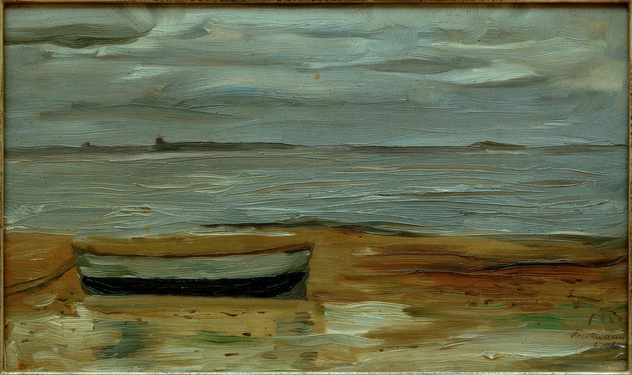 Plaża z szarą łódką i szarym morzem autorstwa Max Beckmann