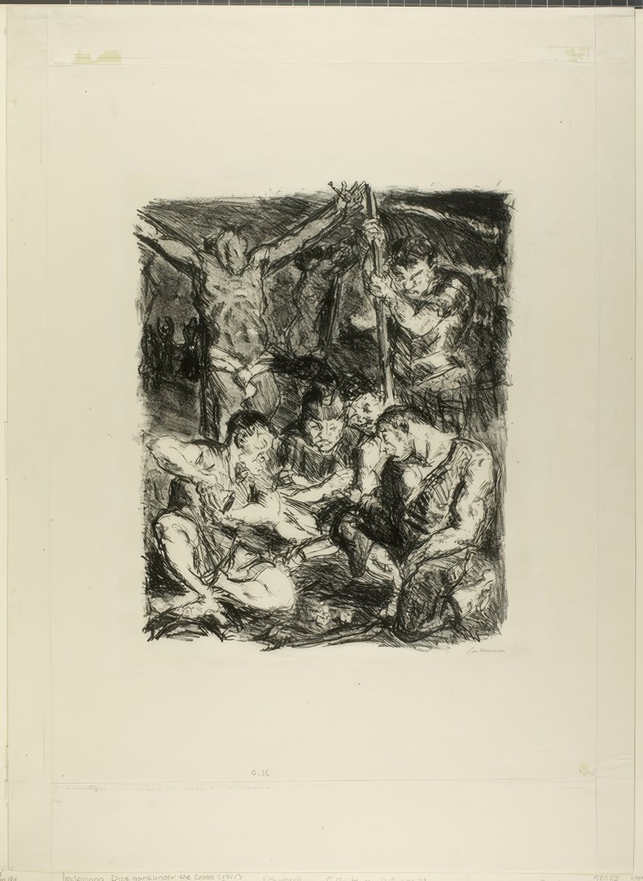Rzucanie kośćmi przed krzyżem, płyta szósta z sześciu nowotestamentowych litografii autorstwa Max Beckmann