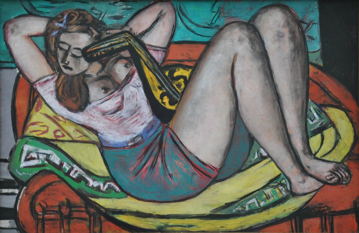 Kobieta z mandoliną w żółto-czerwonym stroju autorstwa Max Beckmann