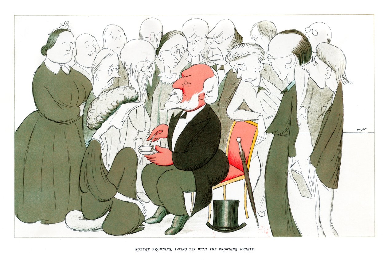 Robert Browning, Przyjmowanie herbaty w towarzystwie Browning Society, 1904. autorstwa Henry Maximilian Beerbohm