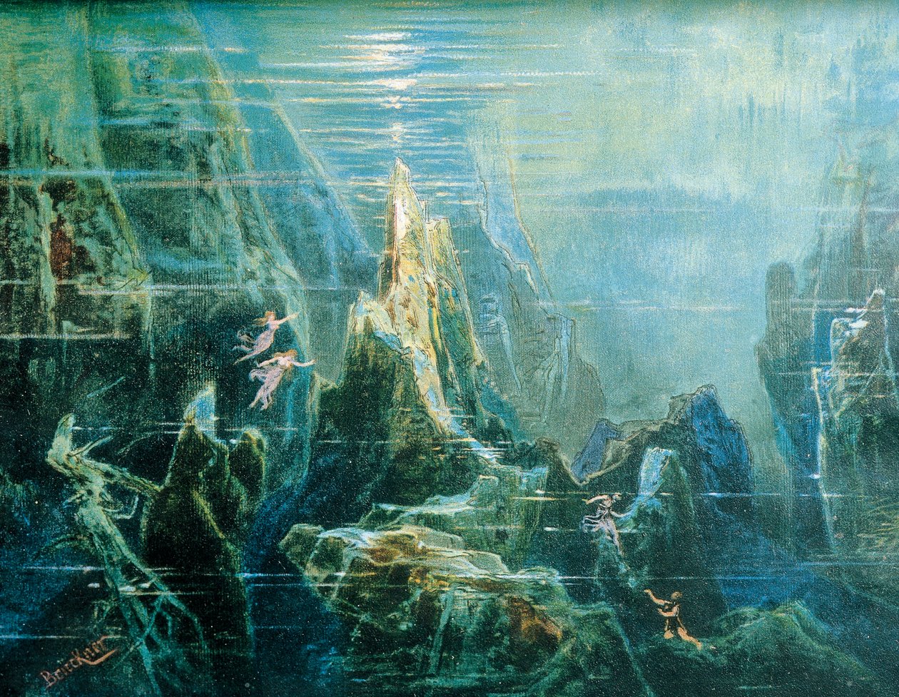 Niemcy, Bayreuth, Scenografia do spektaklu Pierścień Nibelunga - Złoto Renu Richarda Wagnera, córki Renu autorstwa Max Bruckner