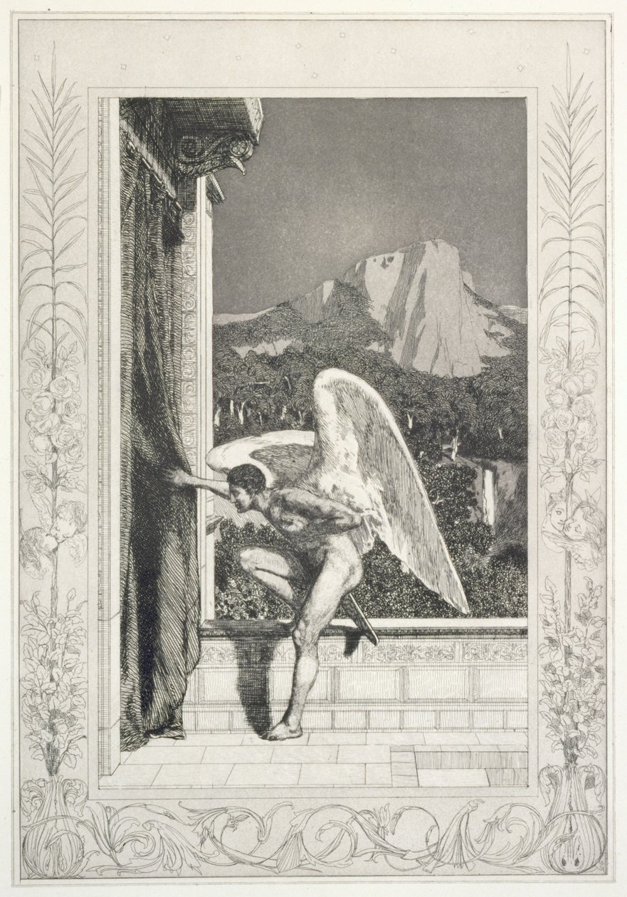 „Przybycie Amora”, rycina nr 12 z serii „Kupidyn i Psyche: Opus V” autorstwa Max Klinger