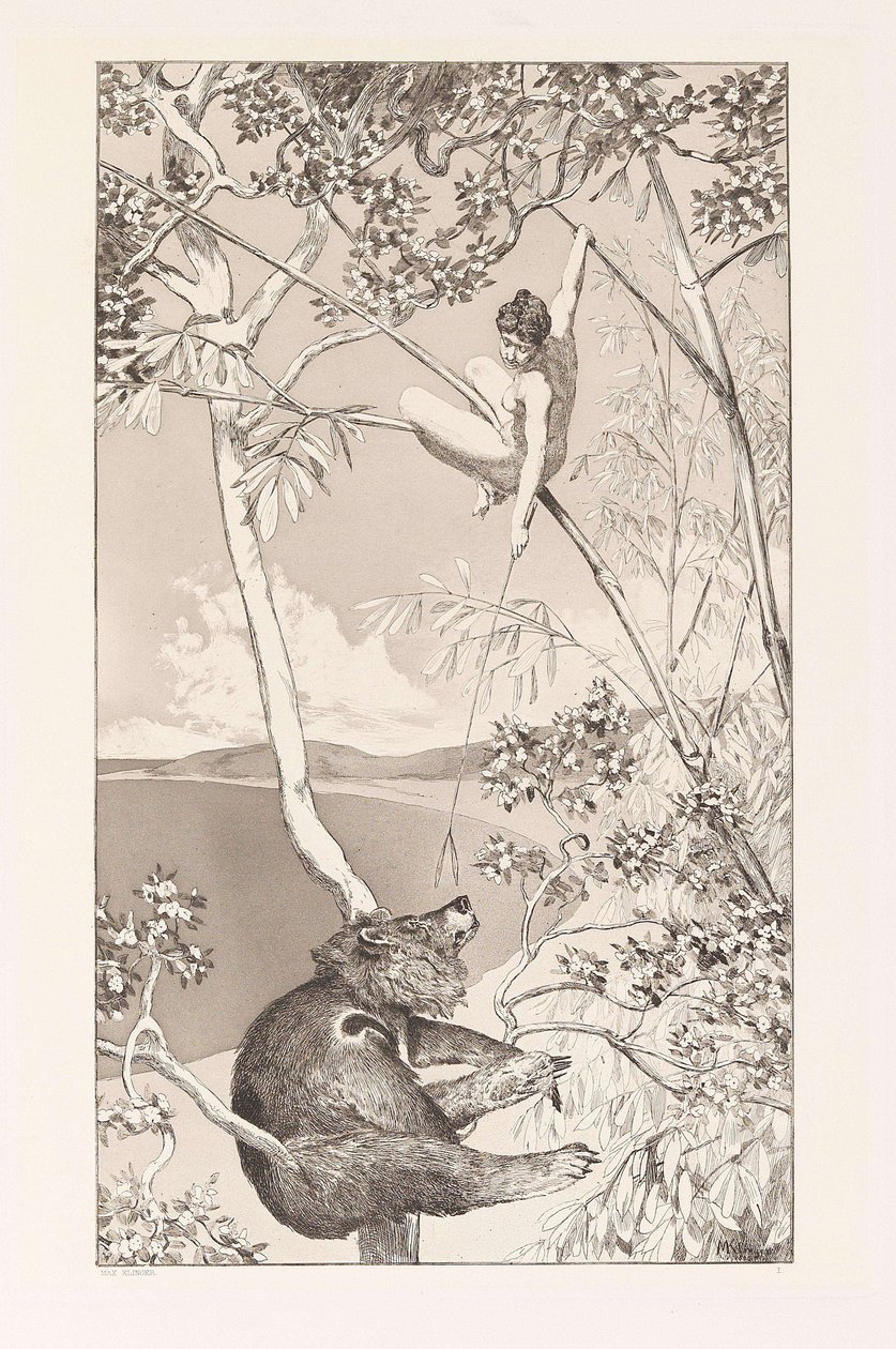 Niedźwiedź i Elf Bär und Elfe płyta I z Intermezzos, Opus IV Intermezzi, Opus IV, c. 1880. autorstwa Max Klinger