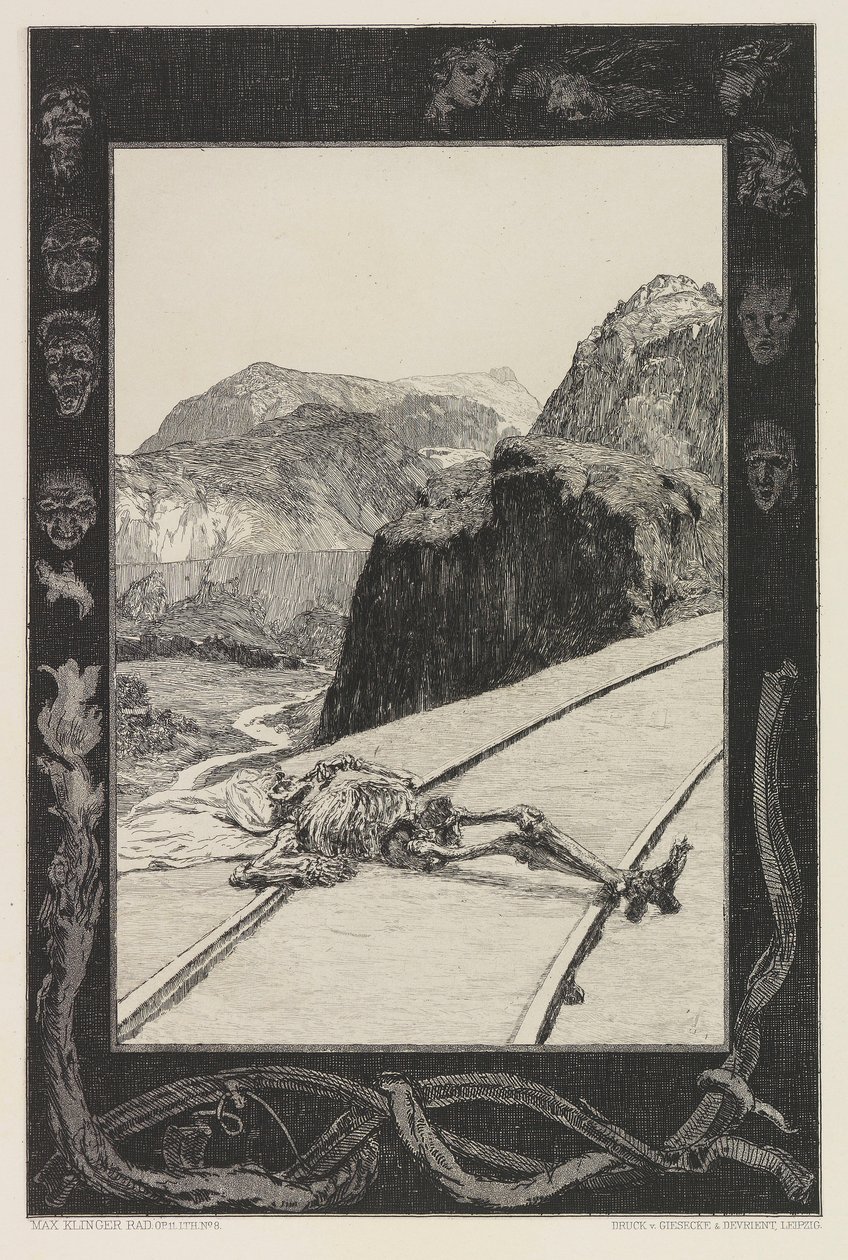 Na torach, tablica 8 z teki O śmierci, cz. I, Opus XI, 1897. autorstwa Max Klinger