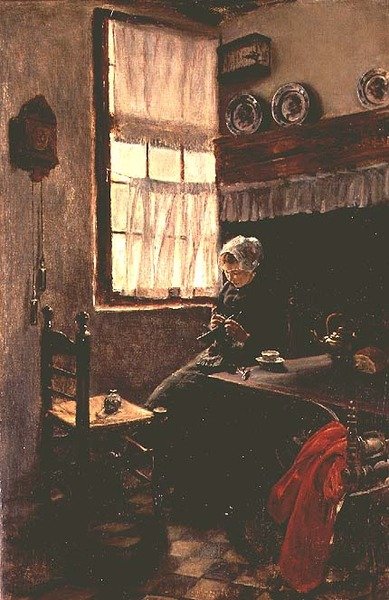 Młoda kobieta robi na drutach we wnętrzu autorstwa Max Liebermann