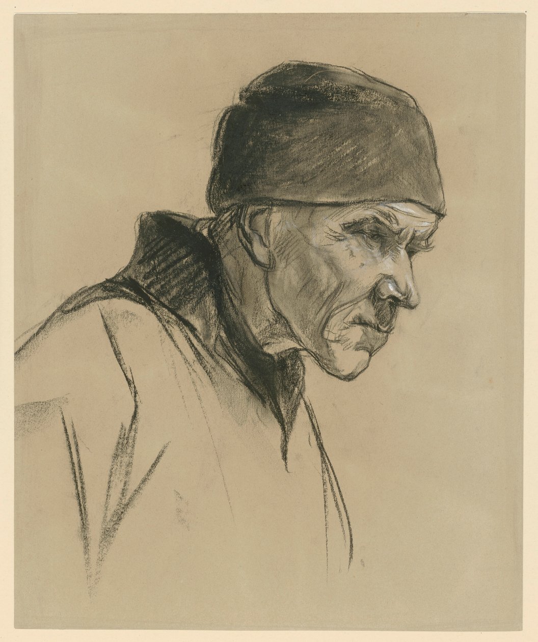 Stary mężczyzna w czapce (popiersie, profil w prawo), studium do: Idący chłop (1894) autorstwa Max Liebermann