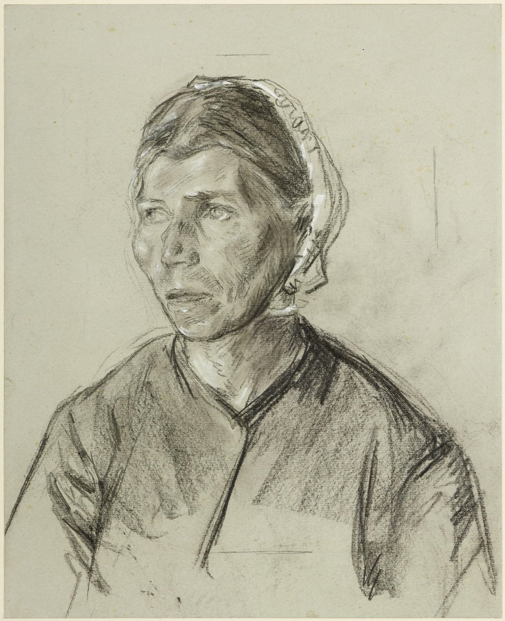 Portret z półpostawej pozycji starszej kobiety w czepku autorstwa Max Liebermann