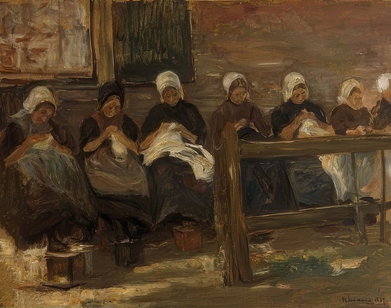 Dziewczęta szyjące w Huyzen - Studium z siedmioma postaciami. 1889 autorstwa Max Liebermann
