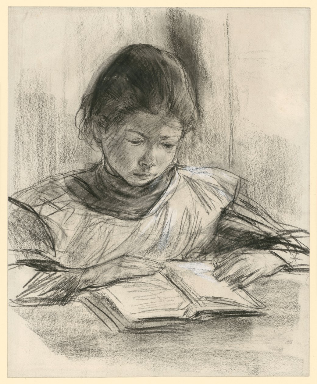 Portret córki artysty. Portret do połowy twarzy, widziany z przodu, siedząca przy stole i czytająca autorstwa Max Liebermann