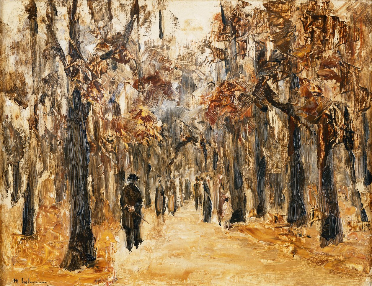 Ogrody zoologiczne jesienią z chodzącymi postaciami; Tiergarten jesienią ze spacerowiczami, autorstwa Max Liebermann
