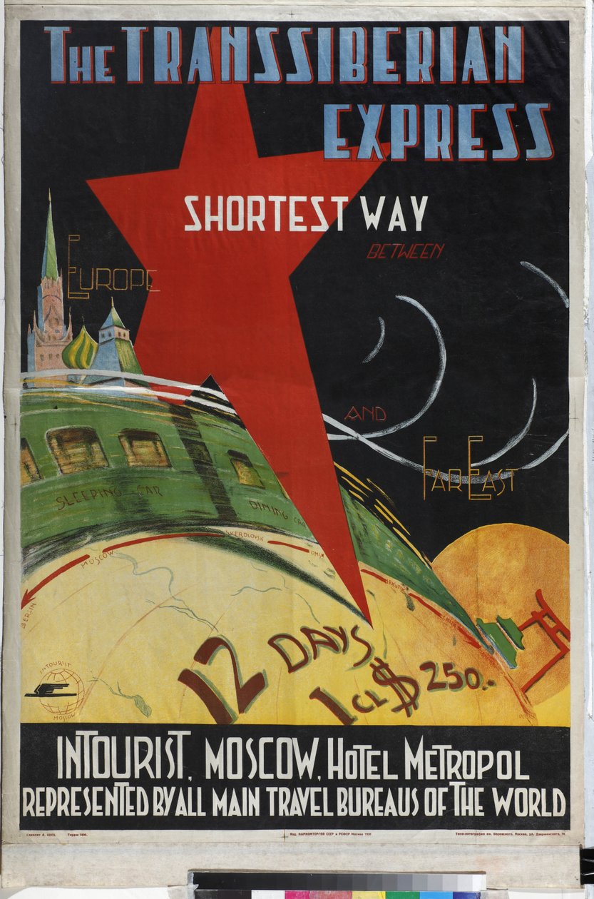 Le Transsiberien - Transsiberian express (plakat firmy Intourist) - Litwak, Max (1898-po 1943) - 1930 - Litografia kolorowa - Rosyjska Biblioteka Państwowa, Moskwa autorstwa Max Litvak