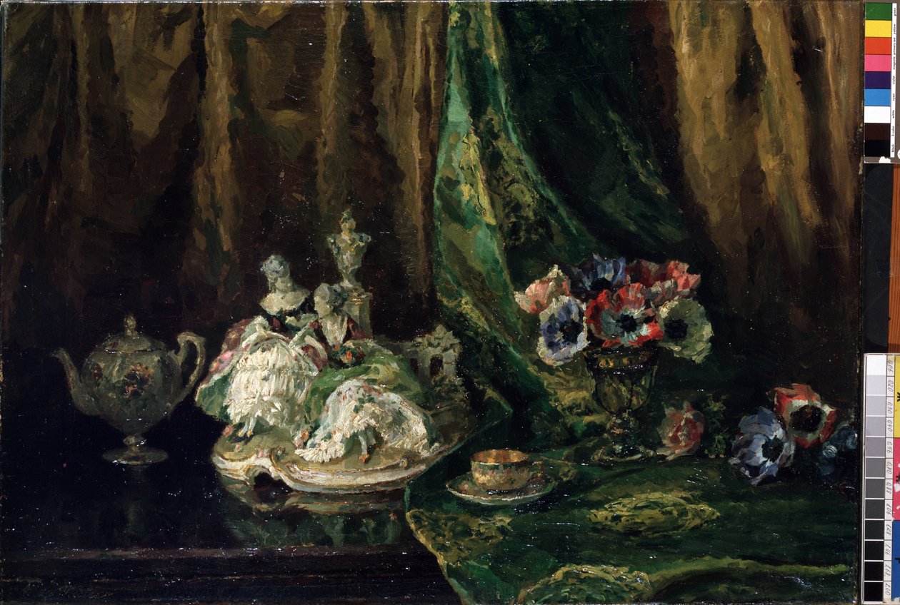 "Martwa natura z porcelaną i kwiatami" (Martwa natura z porcelaną i kwiatami) Obraz Maxa Mullera (1871-1938) (wł. wszystkie) Olej na płótnie. Muzeum Sztuk Pięknych Mikalojus Konstantinas Ciurlionis, Kowno, Litwa autorstwa Max Müller