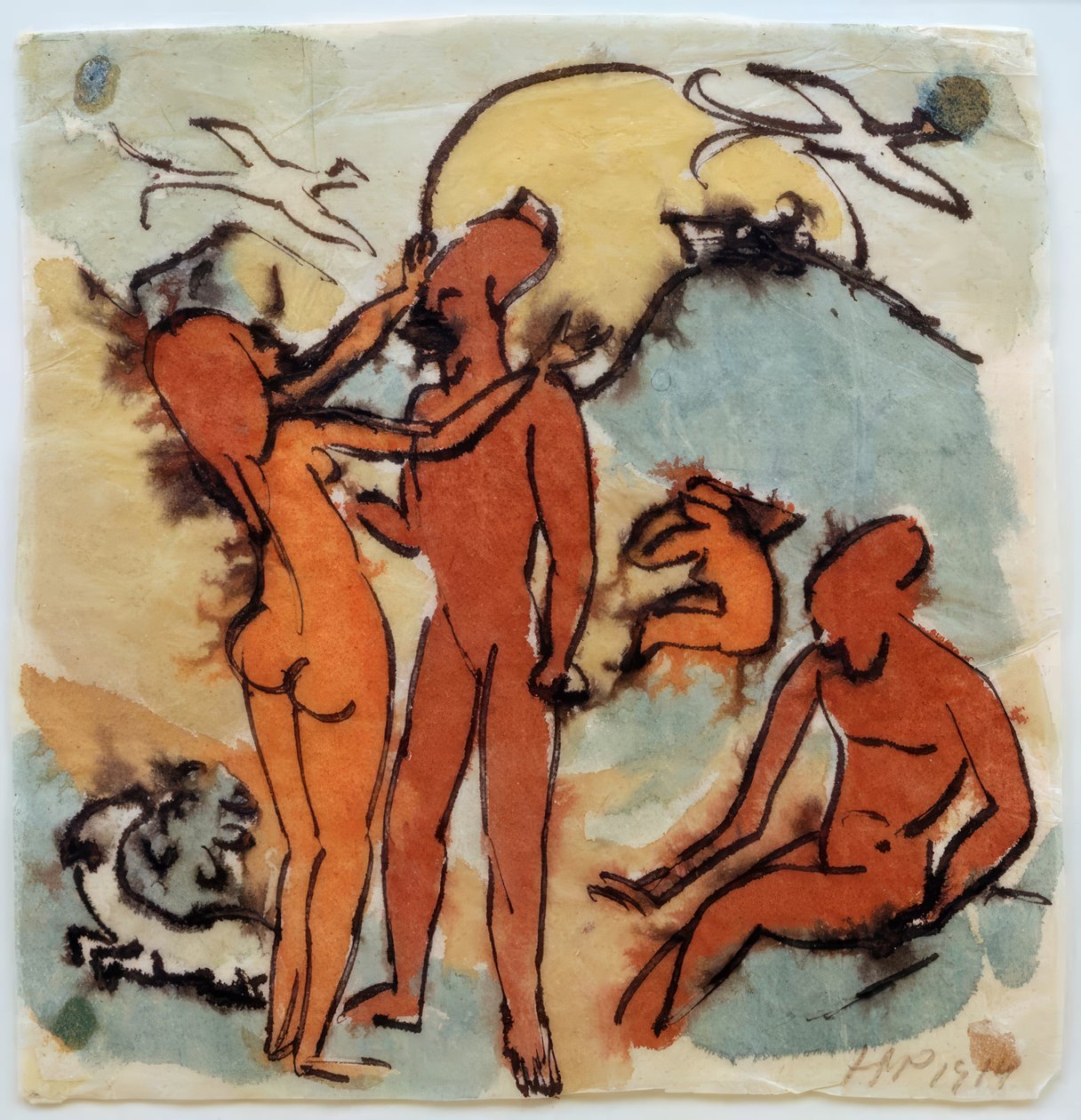 Scena kąpielowa z ptakami sternikami autorstwa Max Pechstein