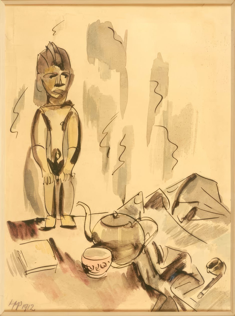 Martwa natura z czajniczkiem, fajką i afrykańską figurką autorstwa Max Pechstein