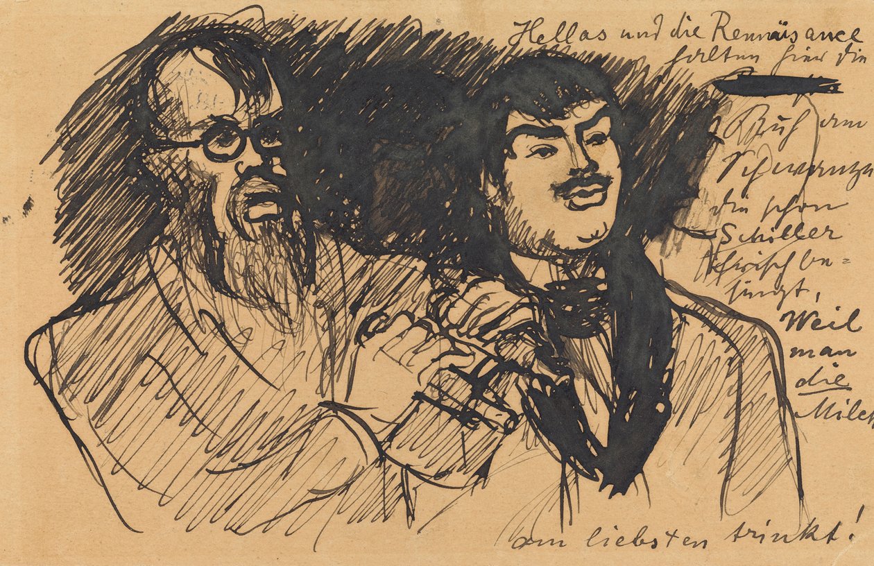 Drei Lenbach-Karikaturen: a) Brustbild; b) Ganzfigur; c) zusammen mit Stuck autorstwa Max Slevogt