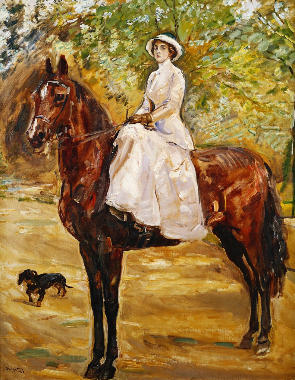Kobieta w bieli Jedzie na koniu; Dama w białej sukni jeździeckiej na koniu, 1910 autorstwa Max Slevogt