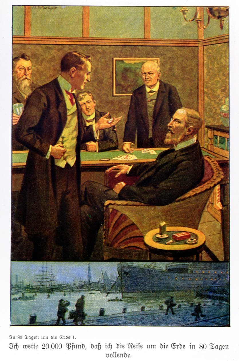 Phileas Fogg stawia w Reform Club, że będzie mógł podróżować dookoła świata w 80 dni, ilustracja z wydania opublikowanego w Berlinie autorstwa Max Wulff