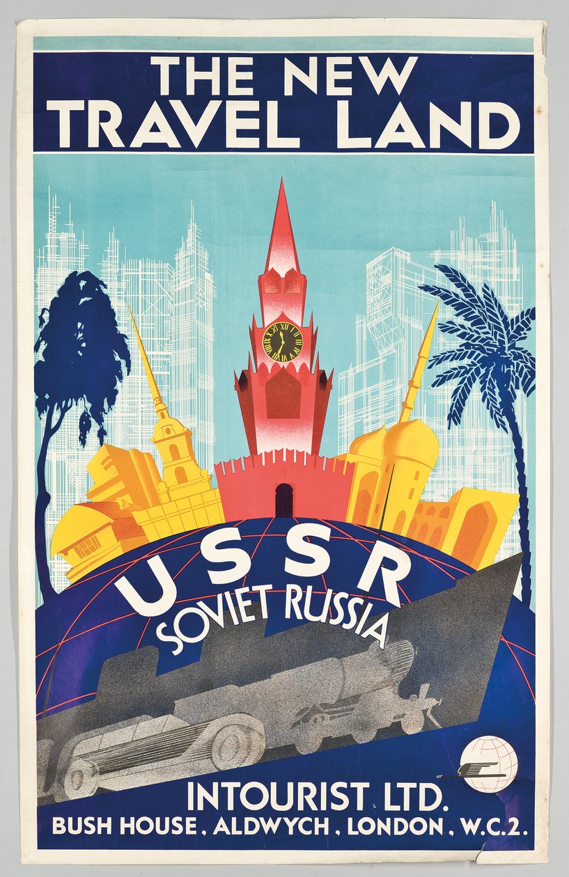 Plakat reklamujący wyjazd do Rosji Sowieckiej z rosyjskim biurem podróży „Intourist”, ok. godz. 1930 (litografia kolorowa) autorstwa Max and Fedor Robert (fl.1930) Litvak