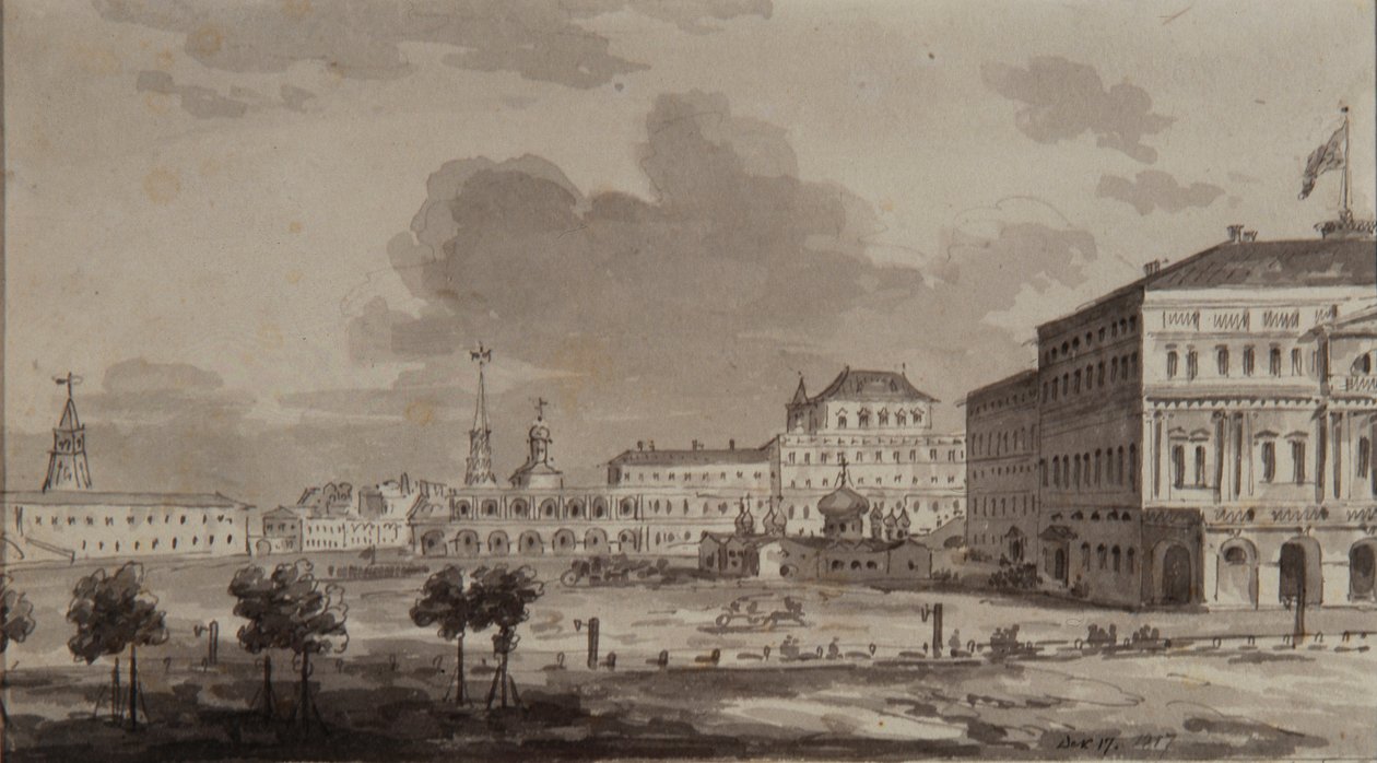 Kreml moskiewski przed budową Wielkiego Pałacu Kremlowskiego, 1817 autorstwa Maxim Nikiphorovich Vorobyev