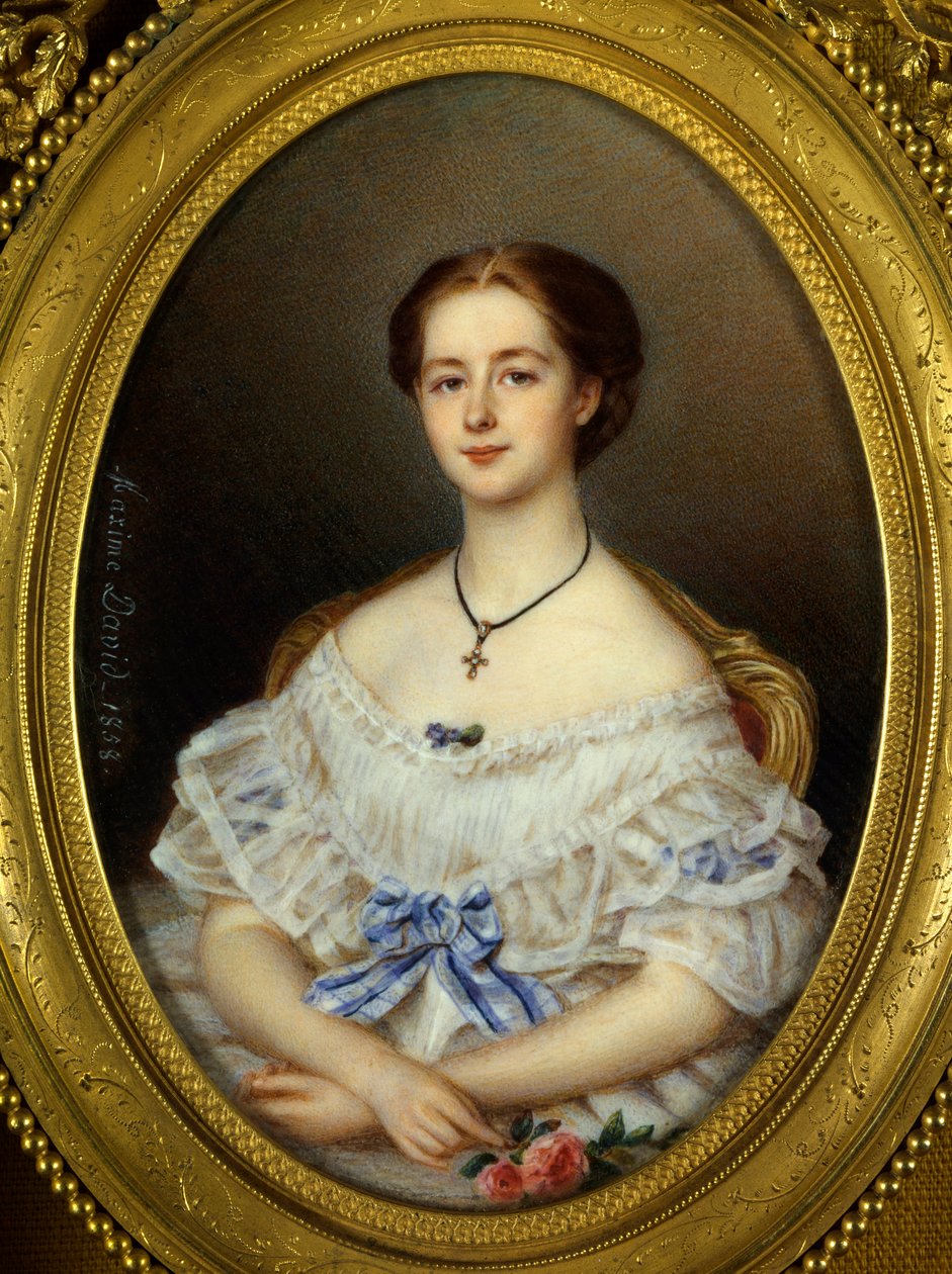 Portret kobiety z niebieską wstążką Obraz Maxime David (XIX wiek) 1858 Paryż, Sztuka dekoracyjna. autorstwa Maxime David