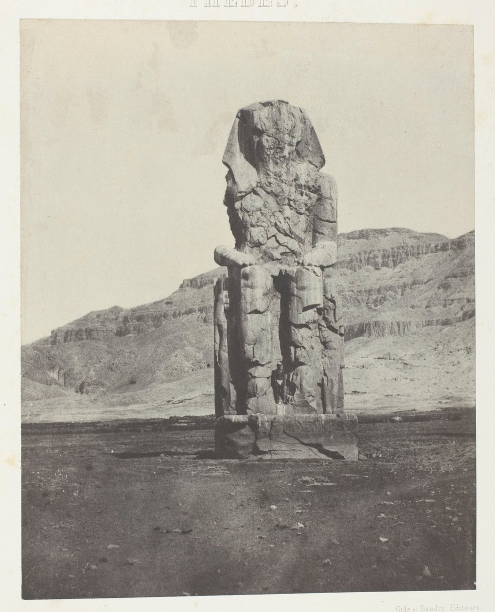 Gournah, Monolityczny Kolos Amenofita III; Teby, płyta 56 z albumu "Egypte, Nubie, Palestine et Syrie" (1852) autorstwa Maxime Du Camp