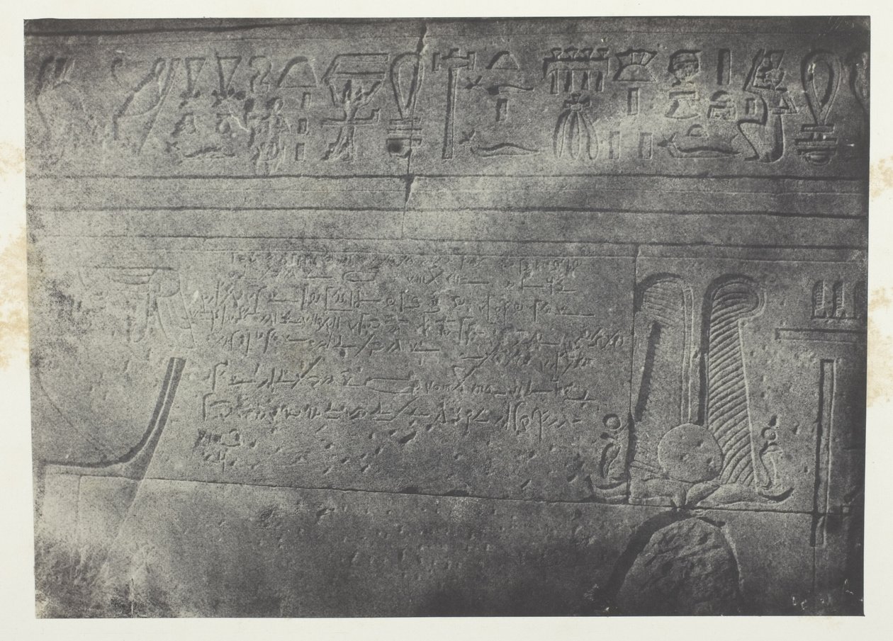 Wielka Świątynia Izydy w Filoe, inskrypcja demotyczna; Nubia, płyta 76 z albumu "Egypte, Nubie, Palestine et Syrie" (1852) autorstwa Maxime Du Camp