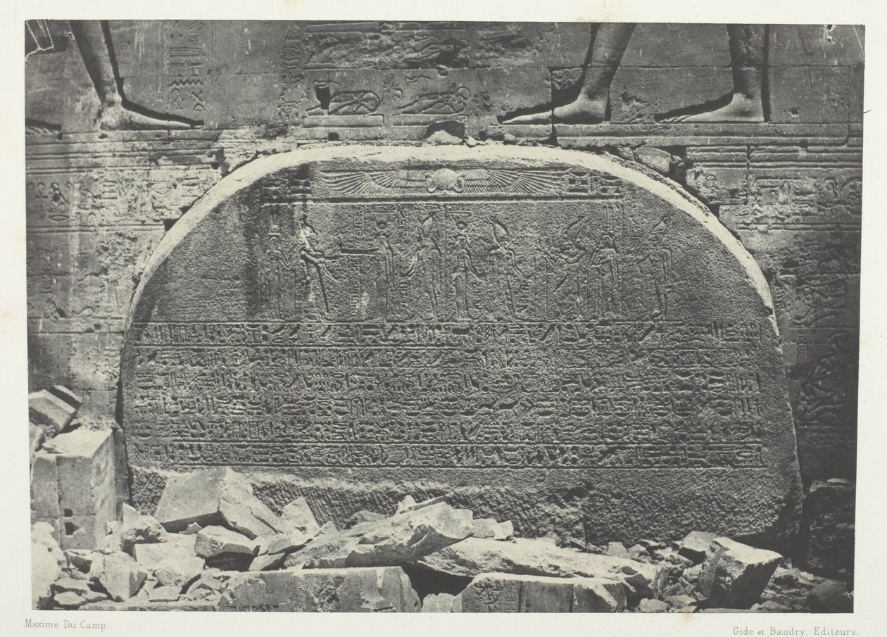 Wielka Świątynia Izydy w Filoe, Proscynema (Akt Adoracji); Nubia, płyta 75 z albumu "Egypte, Nubie, Palestine et Syrie" (1852) autorstwa Maxime Du Camp