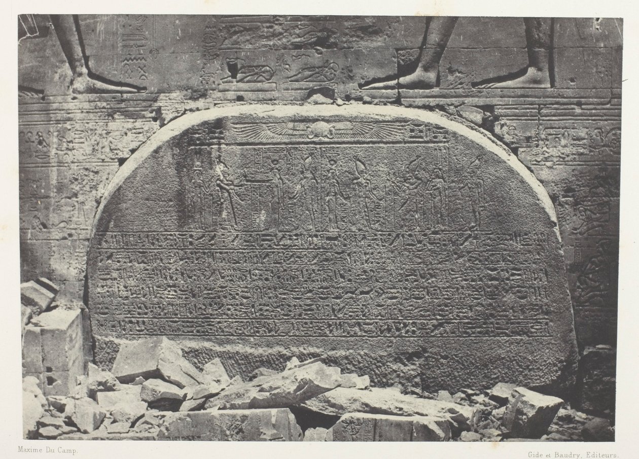 Wielka Świątynia Izydy w Filoe, Proscynema (Akt Adoracji); Nubia, płyta 75 z albumu "Egypte, Nubie, Palestine et Syrie" (1852) autorstwa Maxime Du Camp