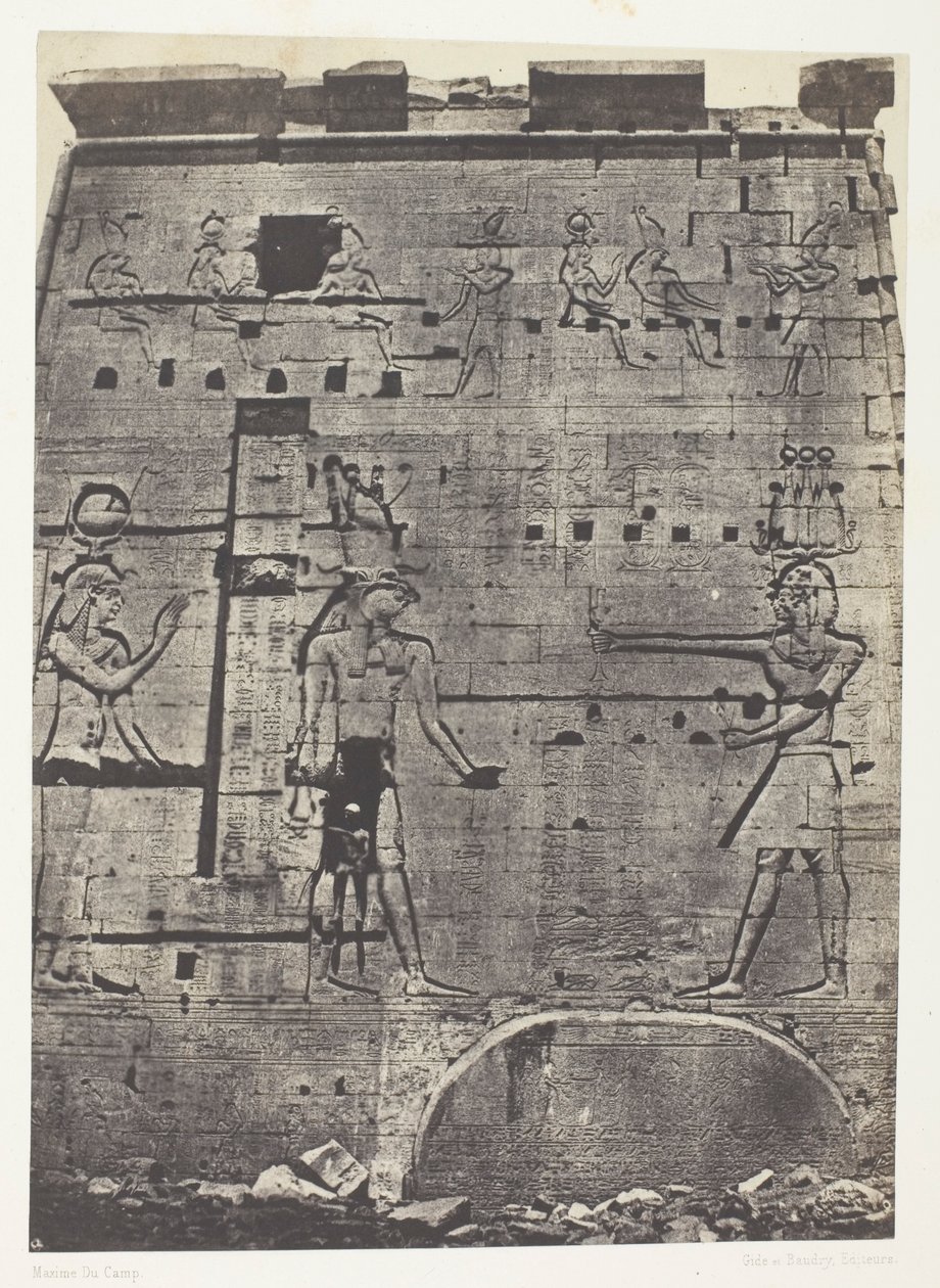 Wielka Świątynia Izydy w Filoe, Drugi Pylon; Nubia, płyta 74 z albumu "Egypte, Nubie, Palestine et Syrie" (1852) autorstwa Maxime Du Camp
