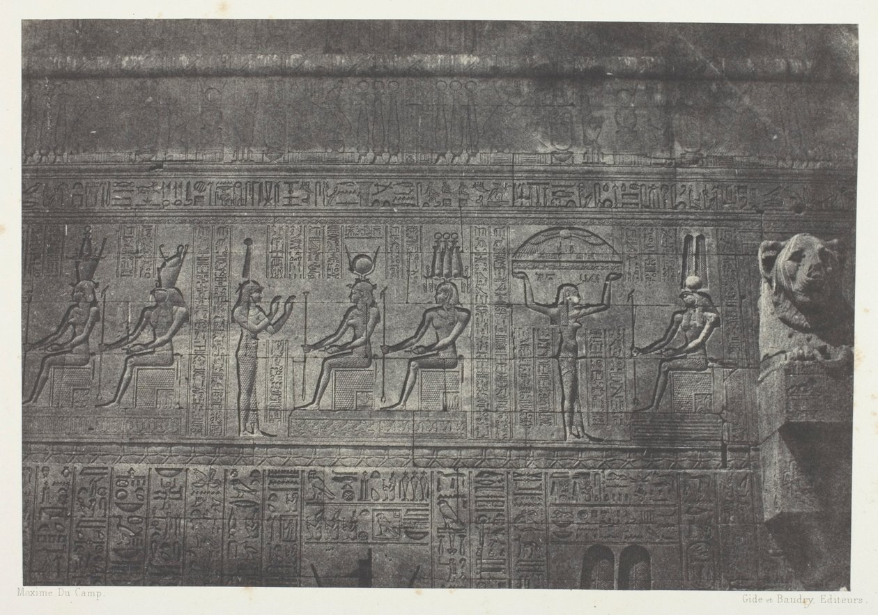 Wielka Świątynia w Denderah (Teutyres), rzeźby z tylnej fasady; Górny Egipt, płyta 20 z albumu "Egypte, Nubie, Palestine et Syrie" (1852) autorstwa Maxime Du Camp