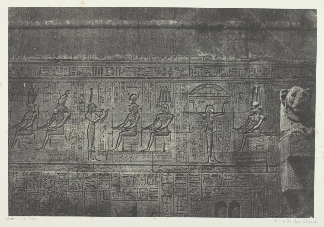 Wielka Świątynia w Denderah (Teutyres), rzeźby z tylnej fasady; Górny Egipt, płyta 20 z albumu "Egypte, Nubie, Palestine et Syrie" (1852) autorstwa Maxime Du Camp
