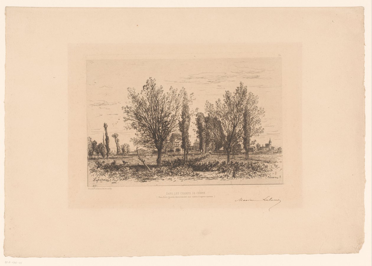 Krajobraz z łąką i widokiem na miasto Taniec les Champs de Cenon. (tytuł na obiekcie) autorstwa Maxime François Antoine Lalanne (signed by artist)