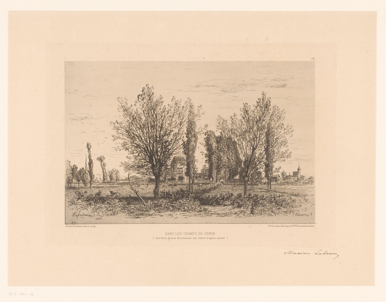 Krajobraz z łąką i widokiem na miasto Taniec les Champs de Cenon. (tytuł na obiekcie) autorstwa Maxime François Antoine Lalanne (signed by artist)