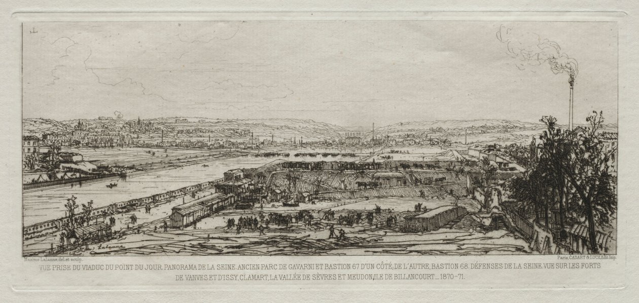 Artystyczne wspomnienia oblężenia Paryża: Widok z wiaduktu Pont-du-Jour..., 1870-71. autorstwa Maxime Lalanne