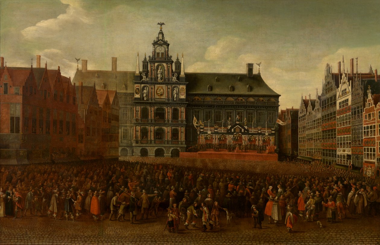 Proklamacja pokoju w Münster na Grote Markt w Antwerpii autorstwa Maximiliaen Pauwels