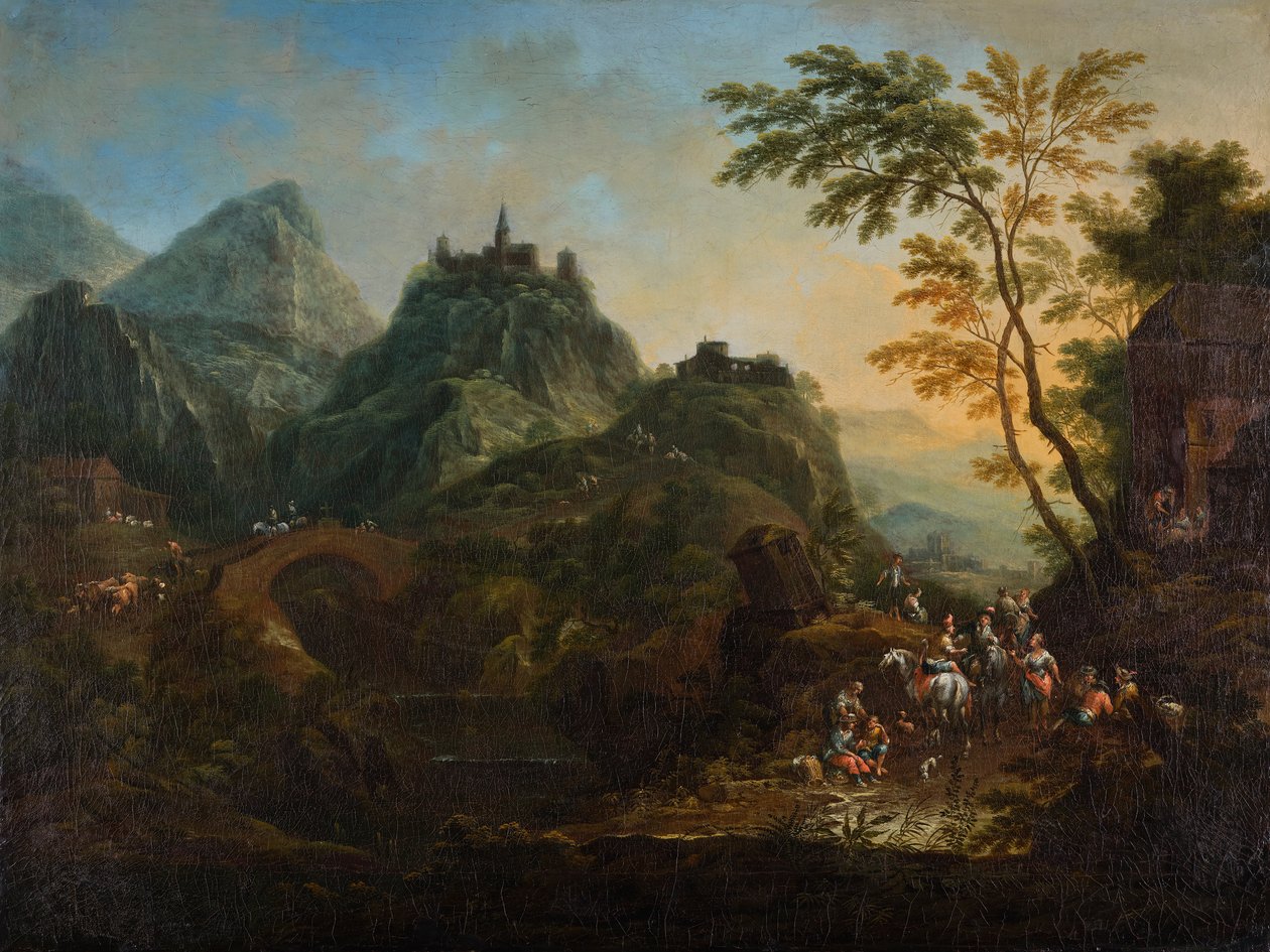 Idealny górski krajobraz z mostem autorstwa Maximilian Joseph Schinnagl