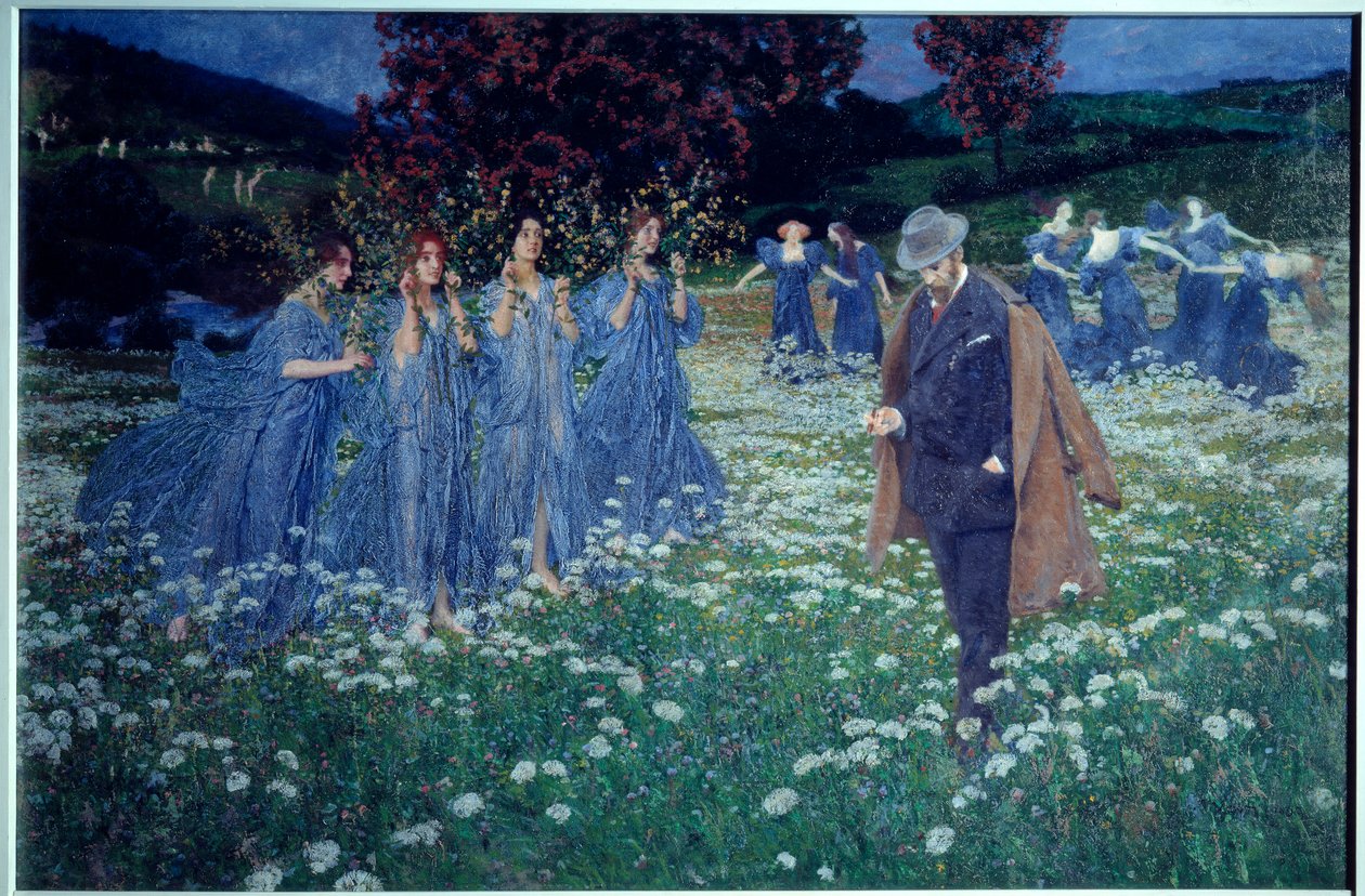 Zaduma, świat Zjawiskowy krajobraz, człowiek przecina pola ludzi opłat. Malarstwo Maksymiliana Lenza (1860-1948) autorstwa Maximilian Lenz