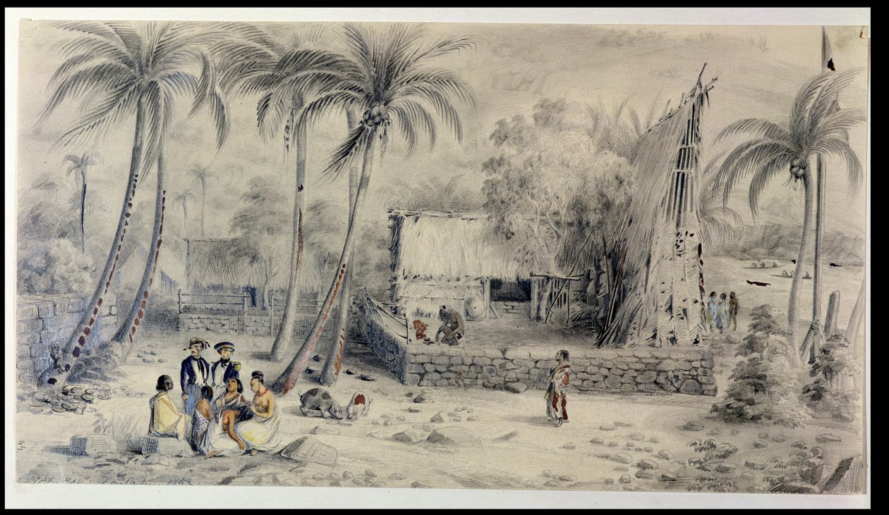 Miejscowa wioska na Tahiti, ok. 1841-48 (wc, ołówek i atrament na papierze) autorstwa Maximilien Radiguet